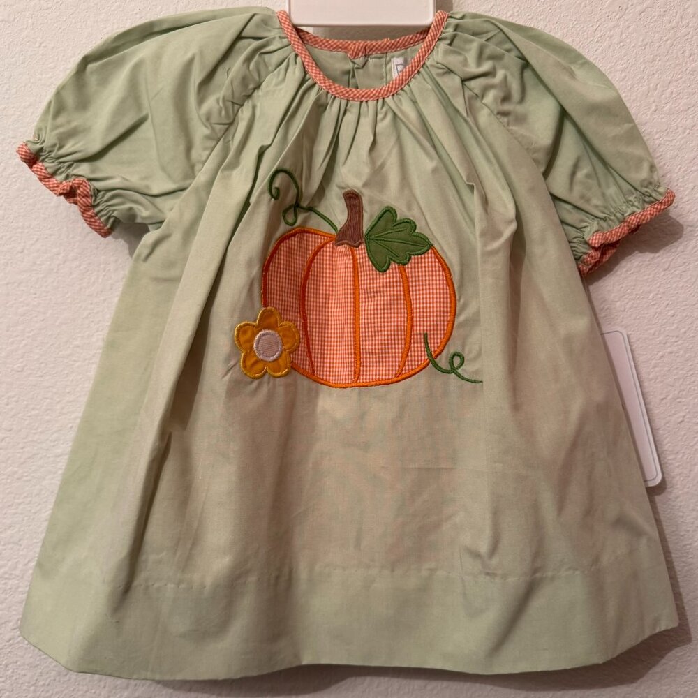 Petit Ami Green Orange Check Pumpkin Applique Dress Set 3 Months